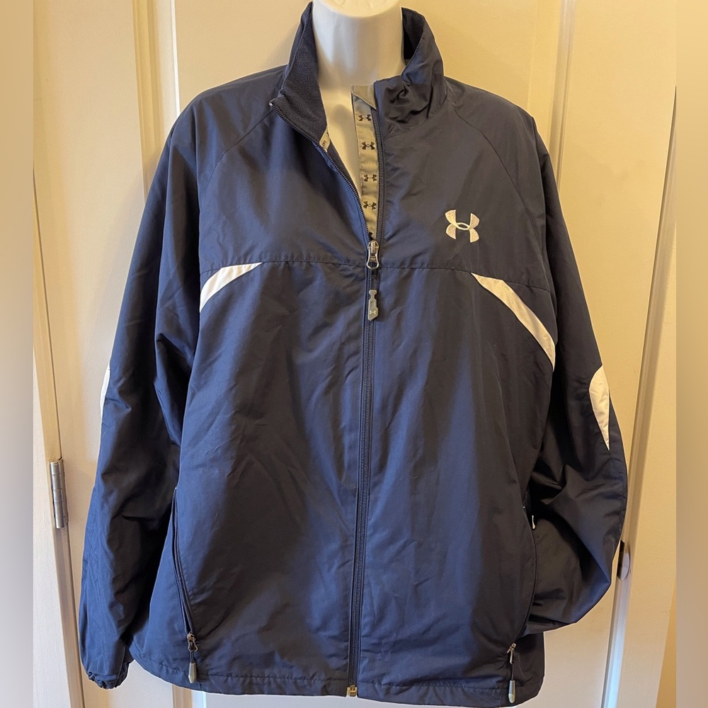 Under Armor zip up fleece lined jacket windbreaker mock neck blue & white Mens L